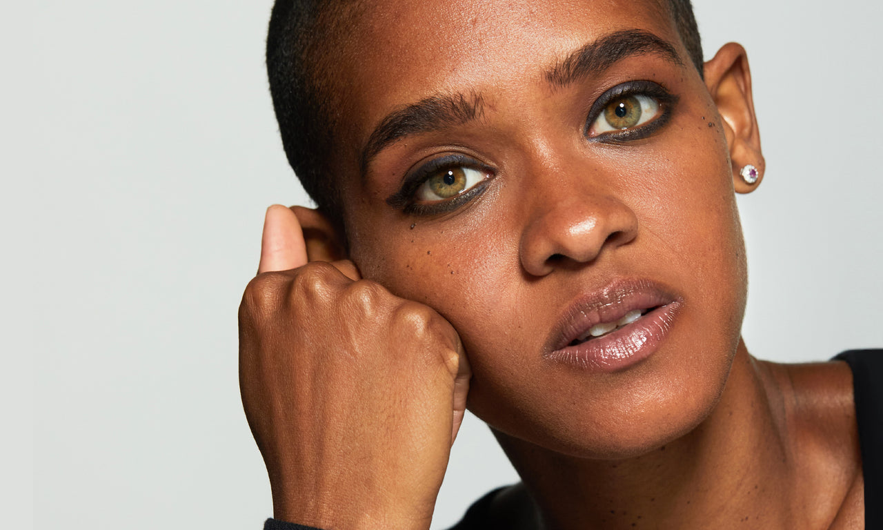 Closeup of Black woman wearing Jones Road clean makeup