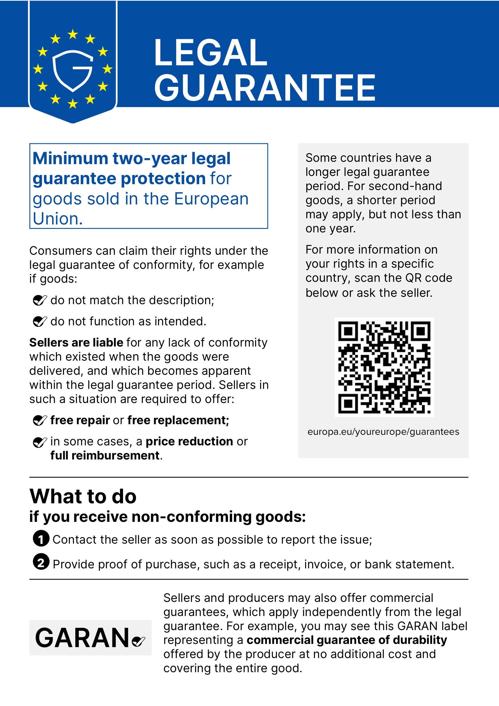 EU legal guarantee of conformity notice: minimum two-year legal guarantee protection for goods sold in the European Union